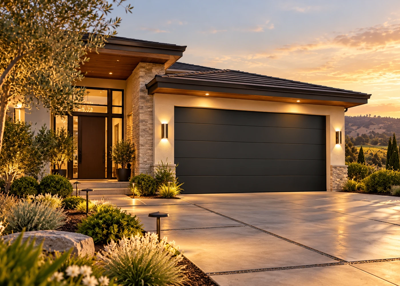 Modern charcoal sectional garage door at a contemporary residence